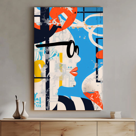 Modern pop art style wall art print with a fragmented female figure and abstract elements in orange and blue, ideal for adding a vibrant and stylish touch to contemporary interiors.