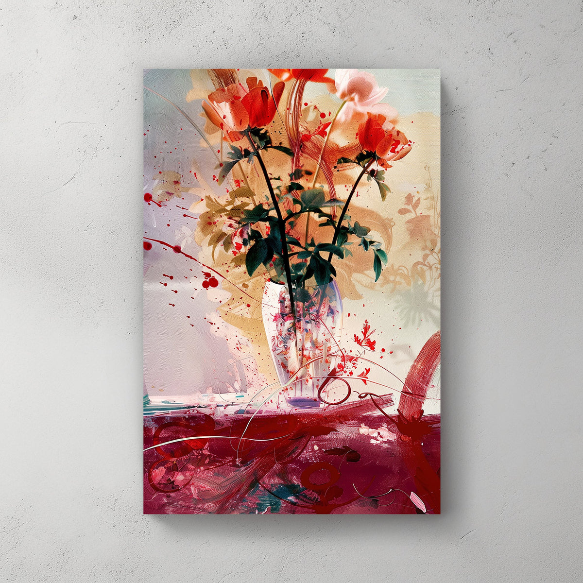 Dynamic abstract wall art print of vibrant flowers in a vase, blending traditional floral beauty with modern art splashes, perfect for adding a lively and artistic touch to any room.