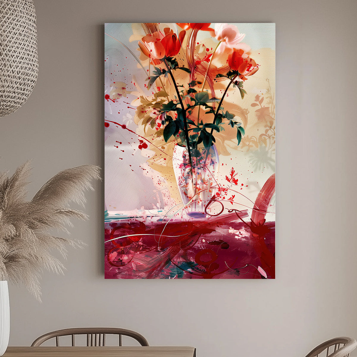 Dynamic abstract wall art print of vibrant flowers in a vase, blending traditional floral beauty with modern art splashes, perfect for adding a lively and artistic touch to any room.