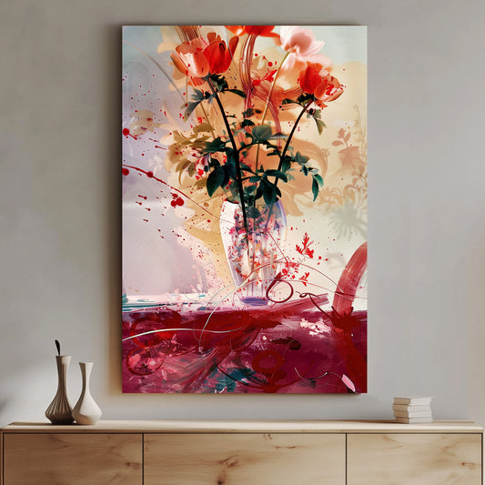 Dynamic abstract wall art print of vibrant flowers in a vase, blending traditional floral beauty with modern art splashes, perfect for adding a lively and artistic touch to any room.