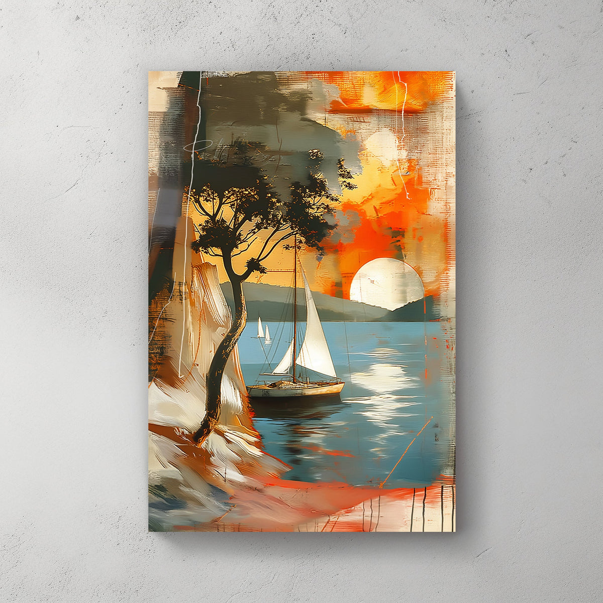 Abstract seascape with sailboats and a silhouette of a tree against a sunset, blending rich oranges and cool blues, perfect for creating a tranquil atmosphere in any room.