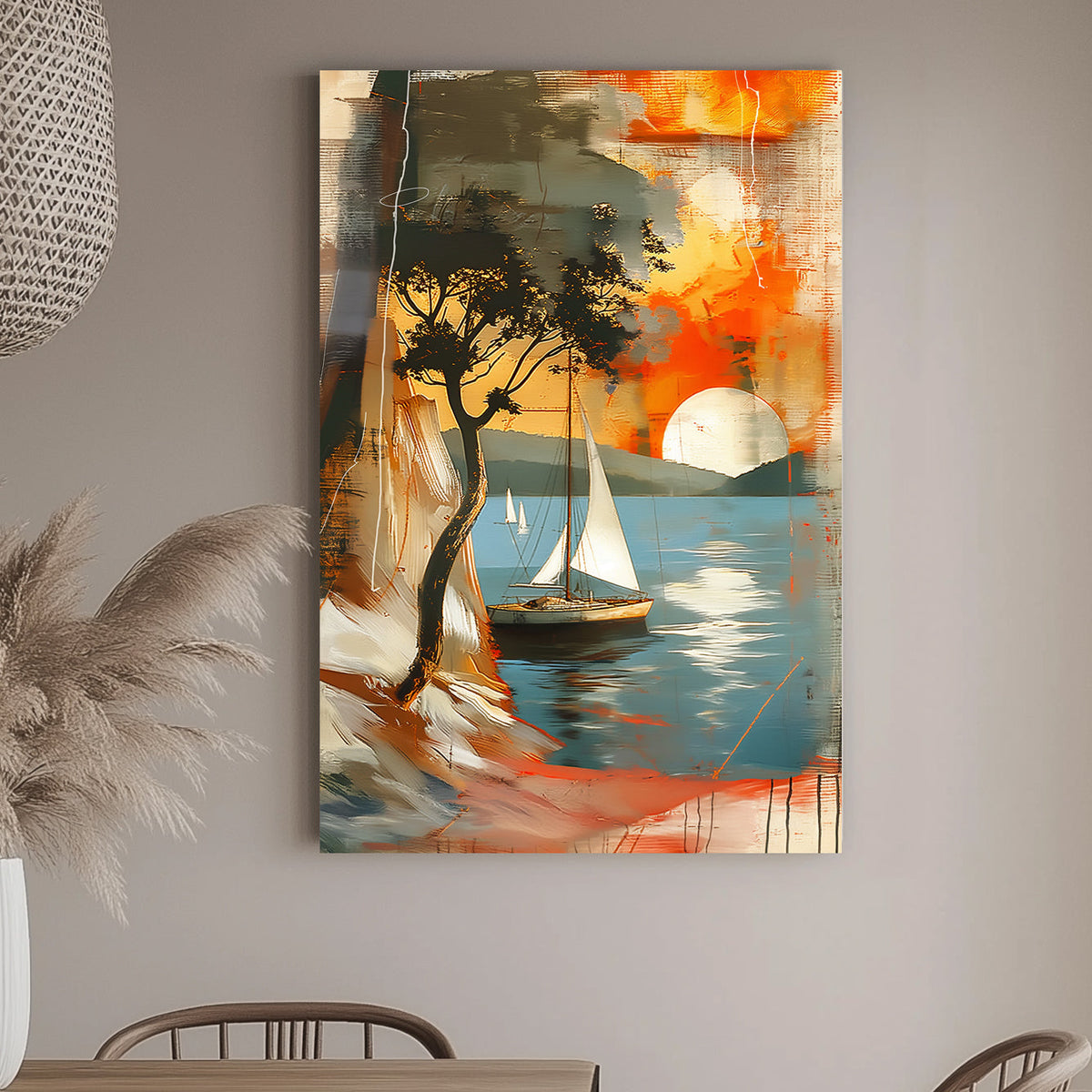 Abstract seascape with sailboats and a silhouette of a tree against a sunset, blending rich oranges and cool blues, perfect for creating a tranquil atmosphere in any room.