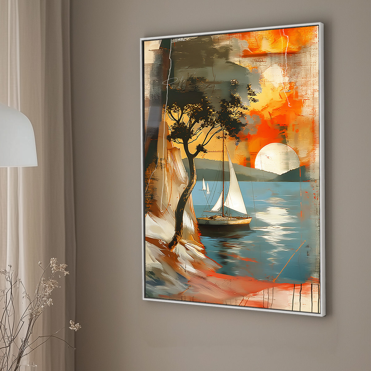 Abstract seascape with sailboats and a silhouette of a tree against a sunset, blending rich oranges and cool blues, perfect for creating a tranquil atmosphere in any room.