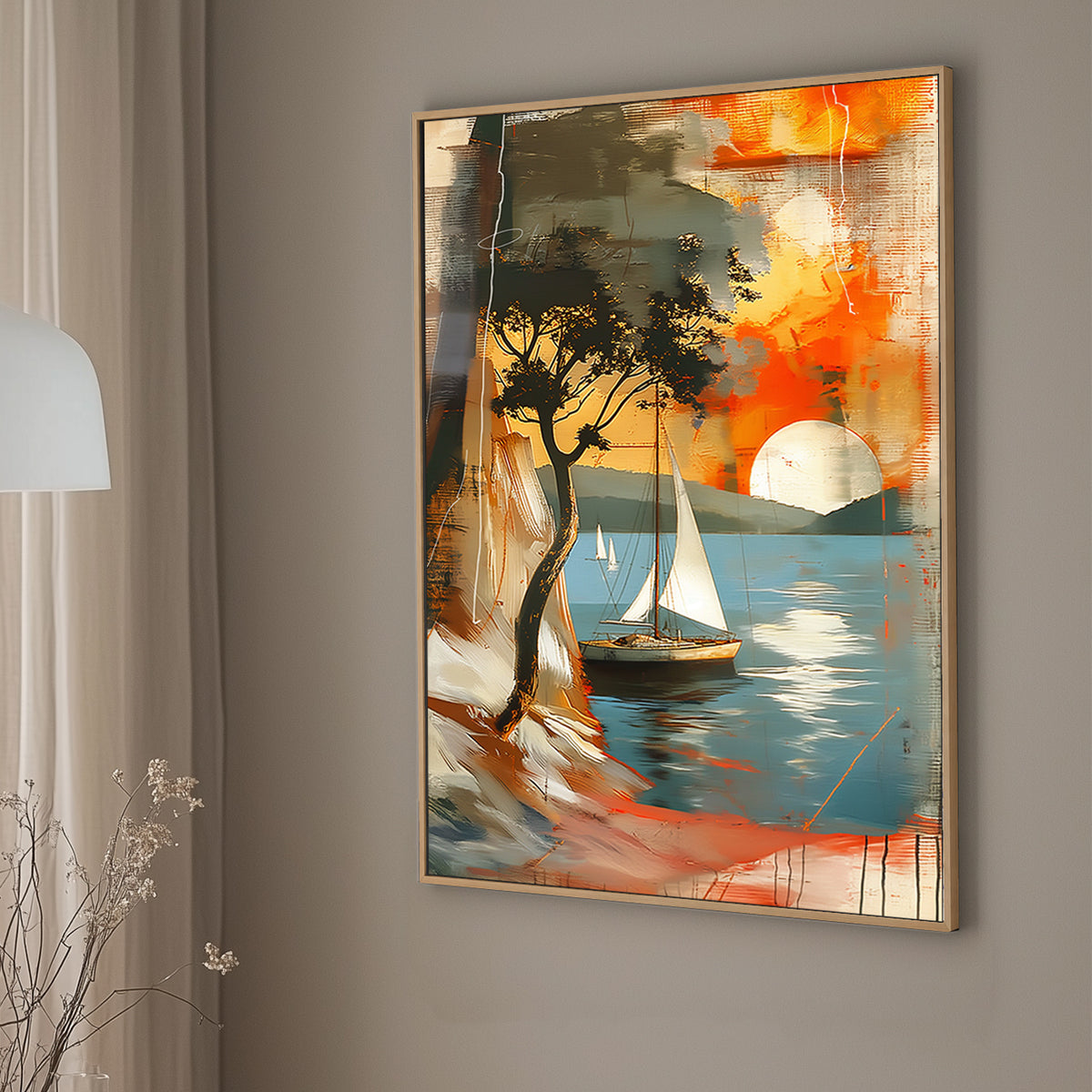 Abstract seascape with sailboats and a silhouette of a tree against a sunset, blending rich oranges and cool blues, perfect for creating a tranquil atmosphere in any room.