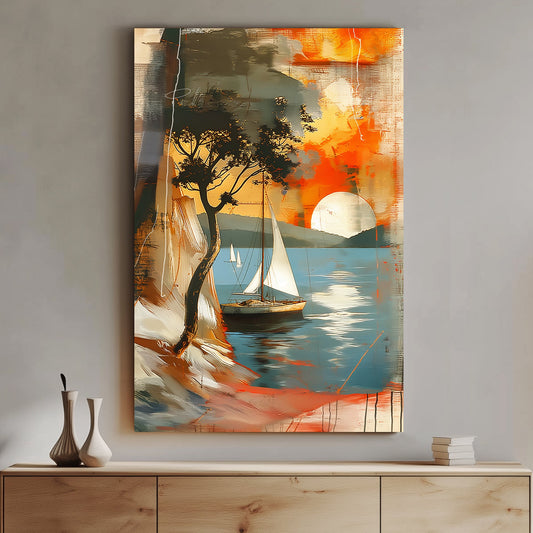 Abstract seascape with sailboats and a silhouette of a tree against a sunset, blending rich oranges and cool blues, perfect for creating a tranquil atmosphere in any room.