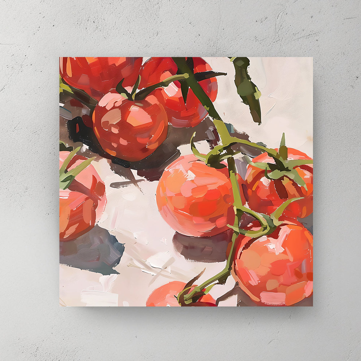 Realistic wall art print of ripe tomatoes on the vine, using vibrant reds and expressive brush strokes, ideal for enhancing kitchen or dining room decor with a touch of nature’s freshness.
