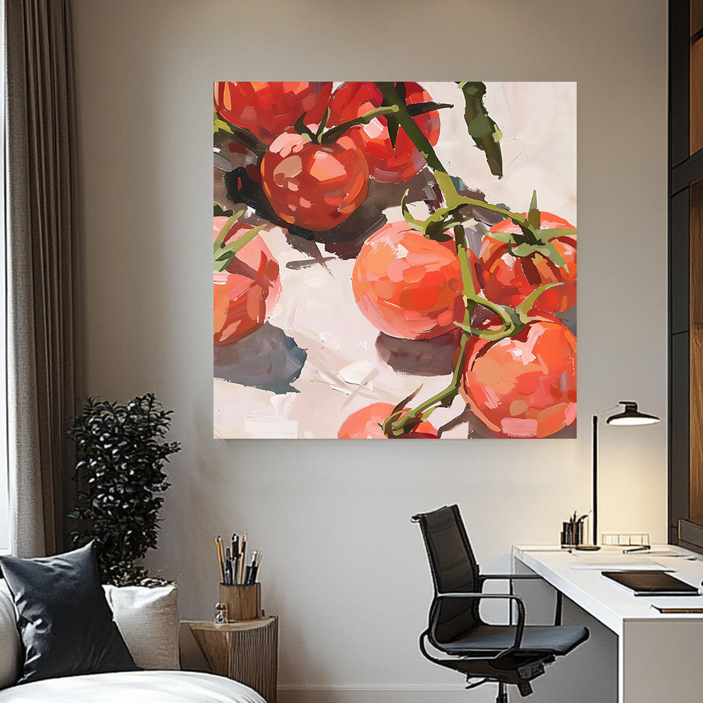 Realistic wall art print of ripe tomatoes on the vine, using vibrant reds and expressive brush strokes, ideal for enhancing kitchen or dining room decor with a touch of nature’s freshness.