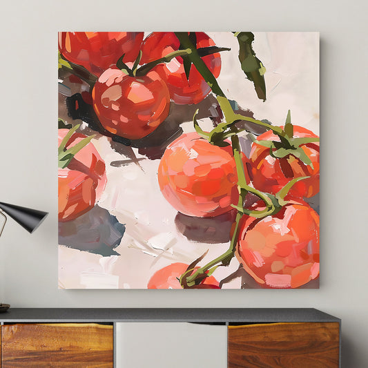 Realistic wall art print of ripe tomatoes on the vine, using vibrant reds and expressive brush strokes, ideal for enhancing kitchen or dining room decor with a touch of nature’s freshness.