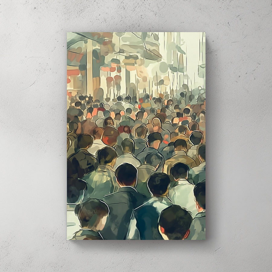 Impressionistic wall art print of a dense crowd in an urban setting, capturing the movement and anonymity of city life in muted tones with subtle color highlights.