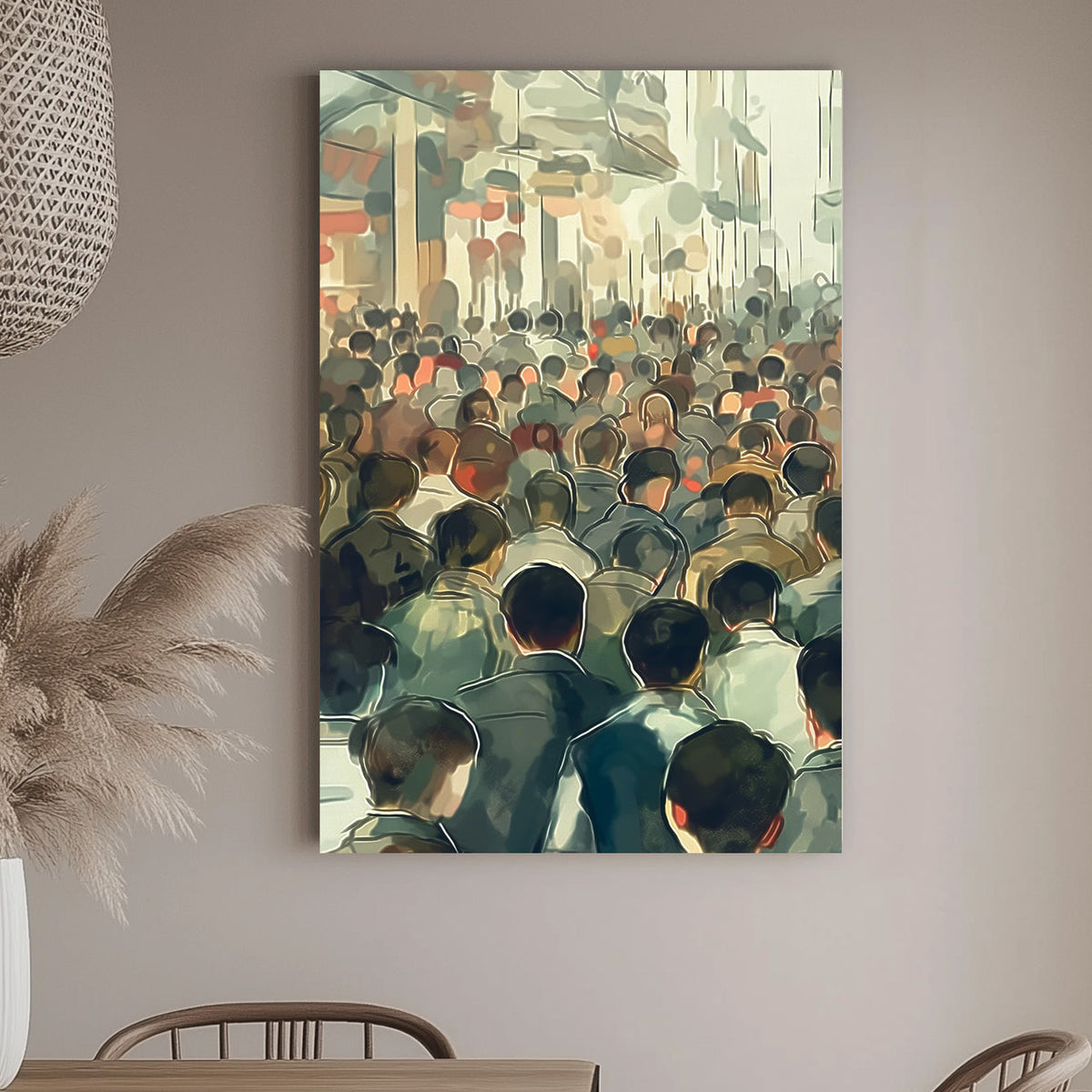 Impressionistic wall art print of a dense crowd in an urban setting, capturing the movement and anonymity of city life in muted tones with subtle color highlights.