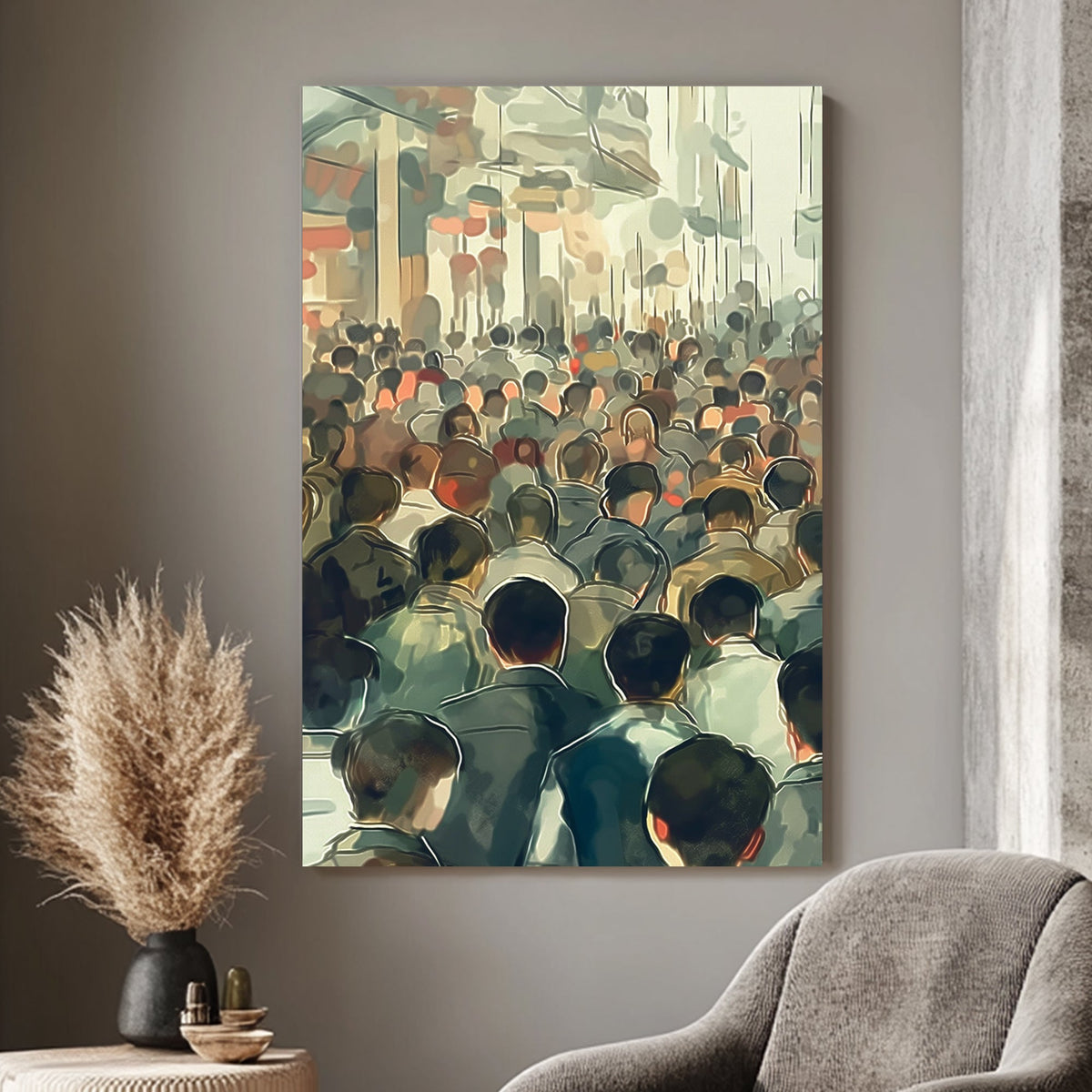 Impressionistic wall art print of a dense crowd in an urban setting, capturing the movement and anonymity of city life in muted tones with subtle color highlights.