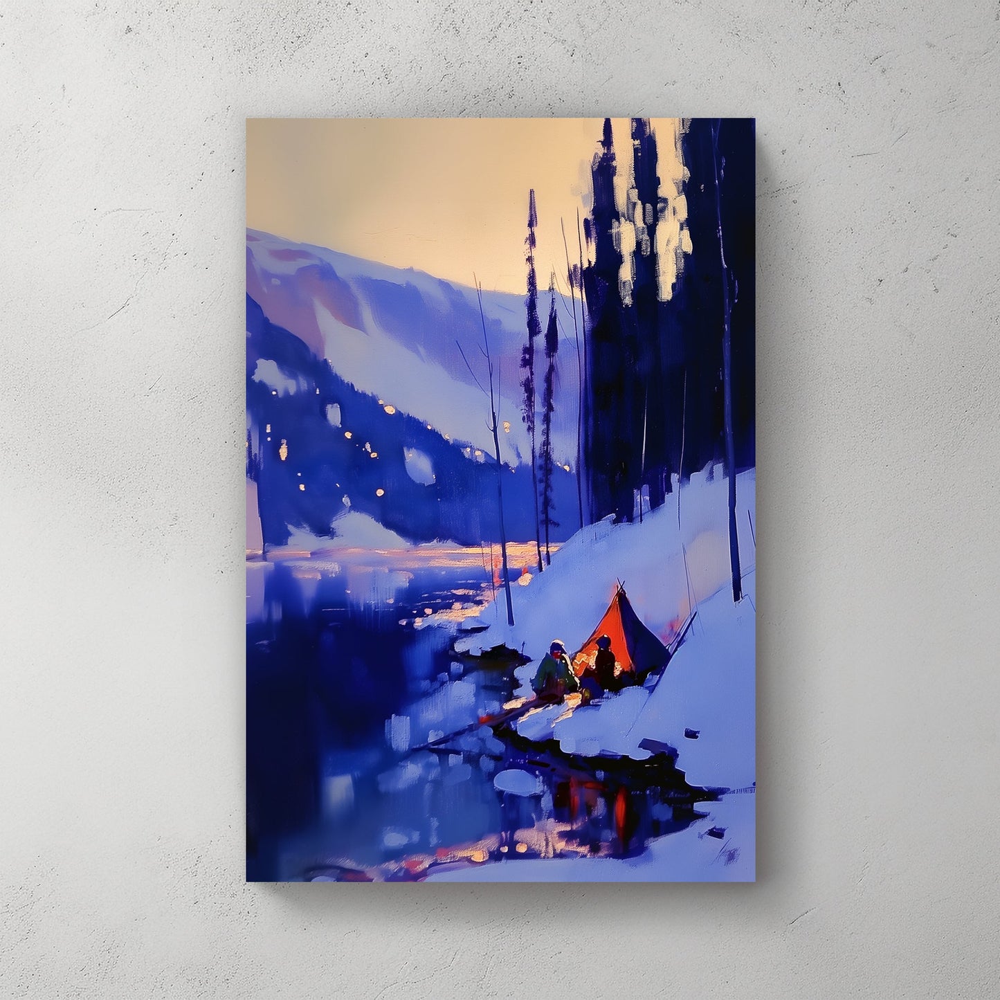 Impressionistic wall art print of a winter camping scene with a tent by a lake, highlighted by vivid blues and glowing warm tones, ideal for evoking the tranquility of nature in home decor.