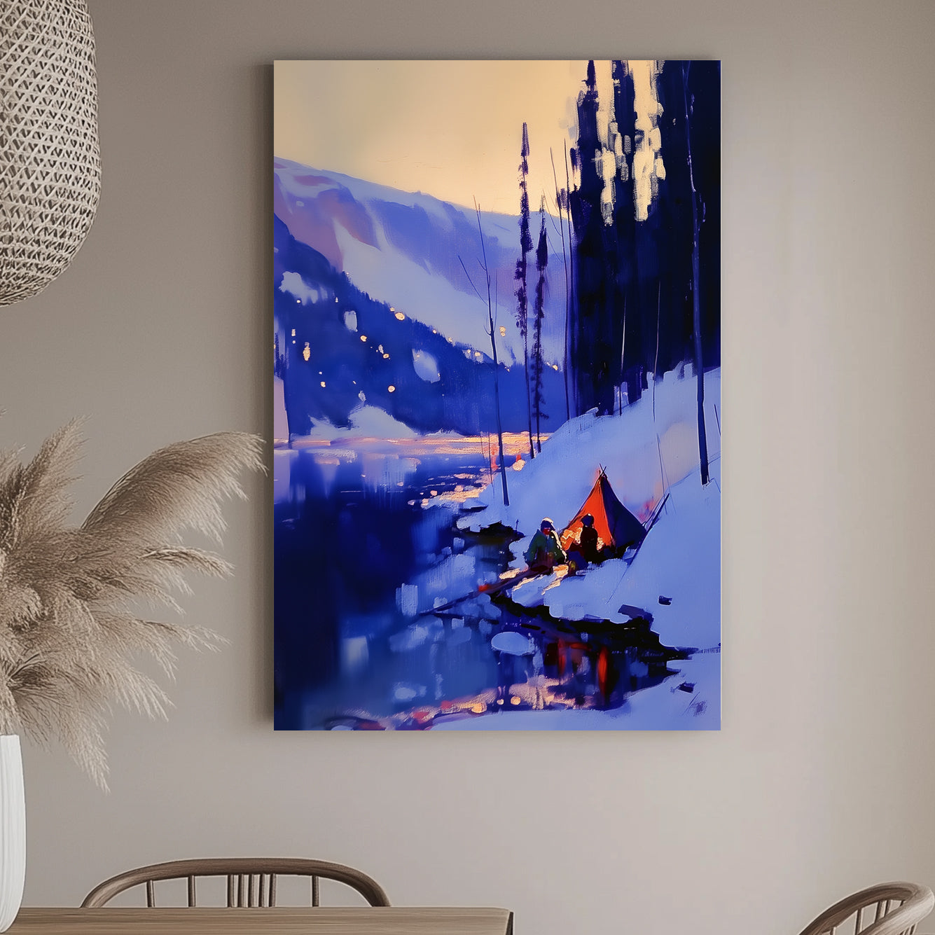 Impressionistic wall art print of a winter camping scene with a tent by a lake, highlighted by vivid blues and glowing warm tones, ideal for evoking the tranquility of nature in home decor.