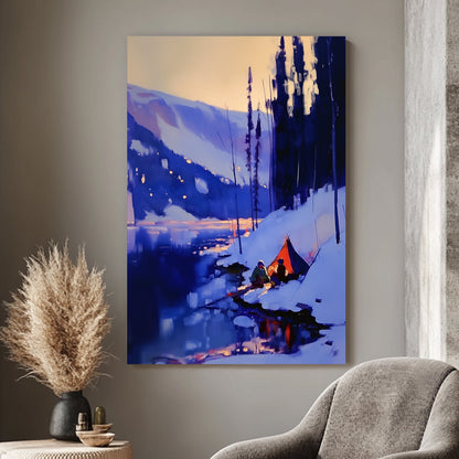 Impressionistic wall art print of a winter camping scene with a tent by a lake, highlighted by vivid blues and glowing warm tones, ideal for evoking the tranquility of nature in home decor.