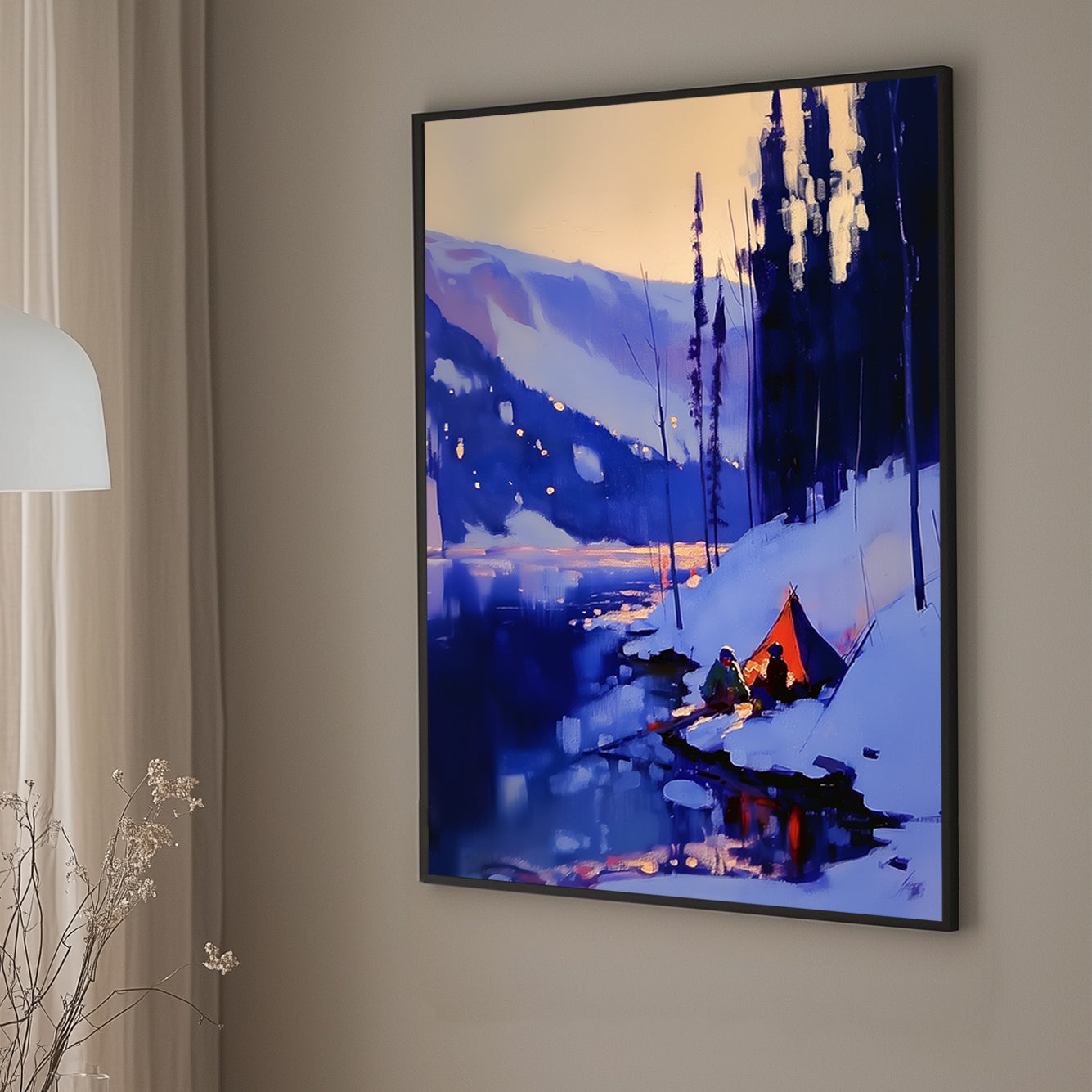 Impressionistic wall art print of a winter camping scene with a tent by a lake, highlighted by vivid blues and glowing warm tones, ideal for evoking the tranquility of nature in home decor.