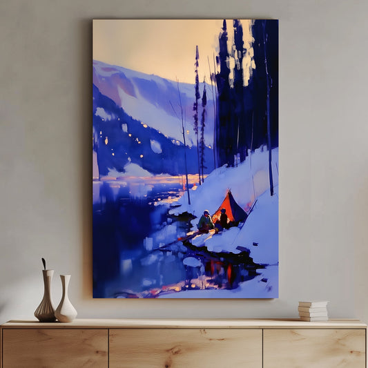 Impressionistic wall art print of a winter camping scene with a tent by a lake, highlighted by vivid blues and glowing warm tones, ideal for evoking the tranquility of nature in home decor.