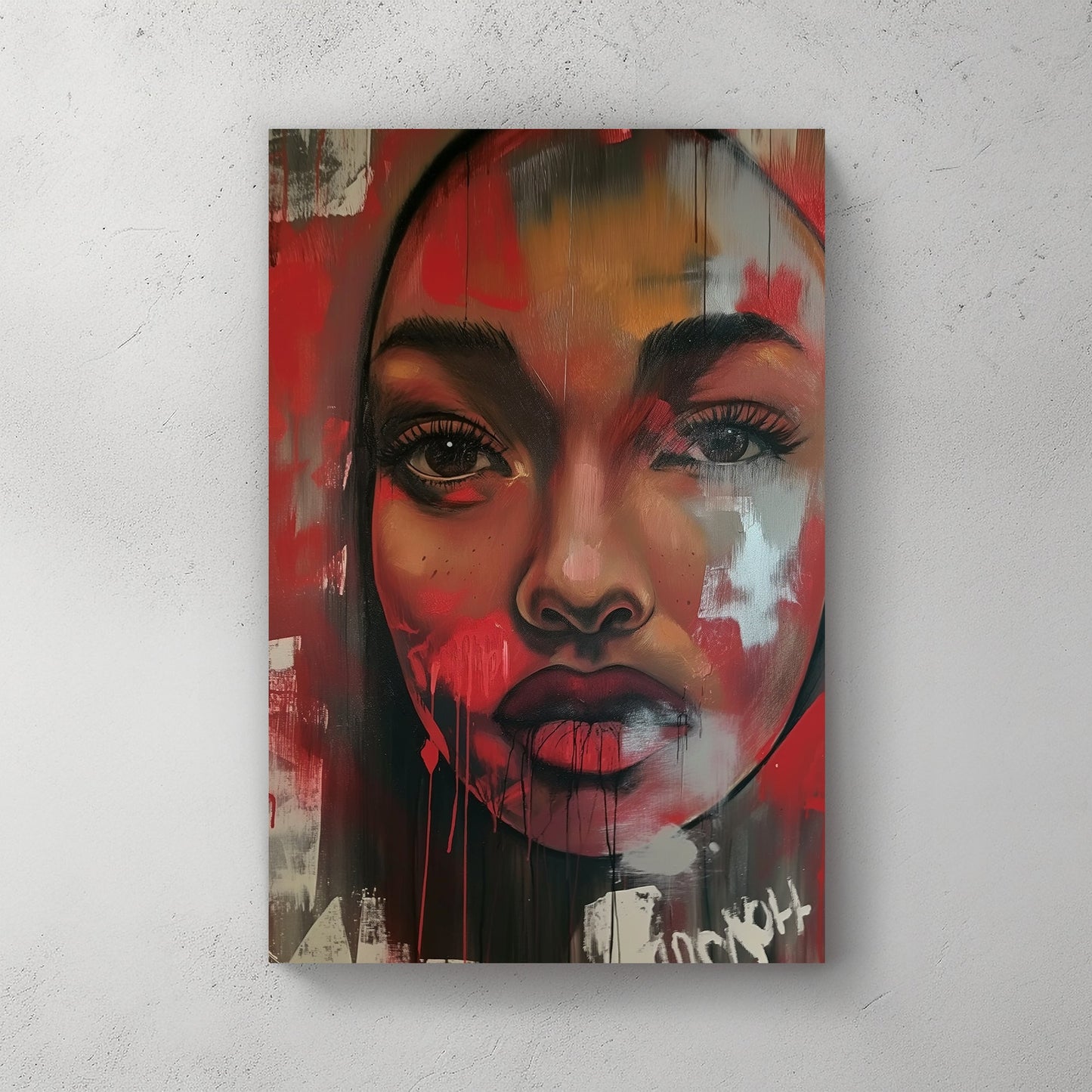 Powerful portrait of a woman with intense eyes and red hues, overlaid with the word “FEAR”, creating a striking visual impact in any room.