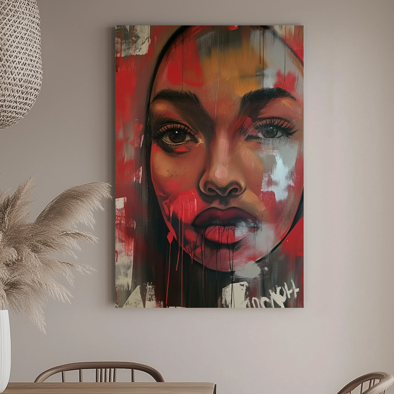 Powerful portrait of a woman with intense eyes and red hues, overlaid with the word “FEAR”, creating a striking visual impact in any room.