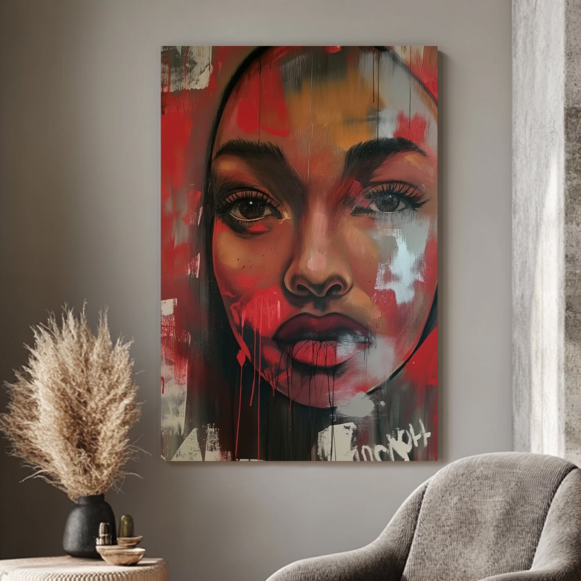 Powerful portrait of a woman with intense eyes and red hues, overlaid with the word “FEAR”, creating a striking visual impact in any room.