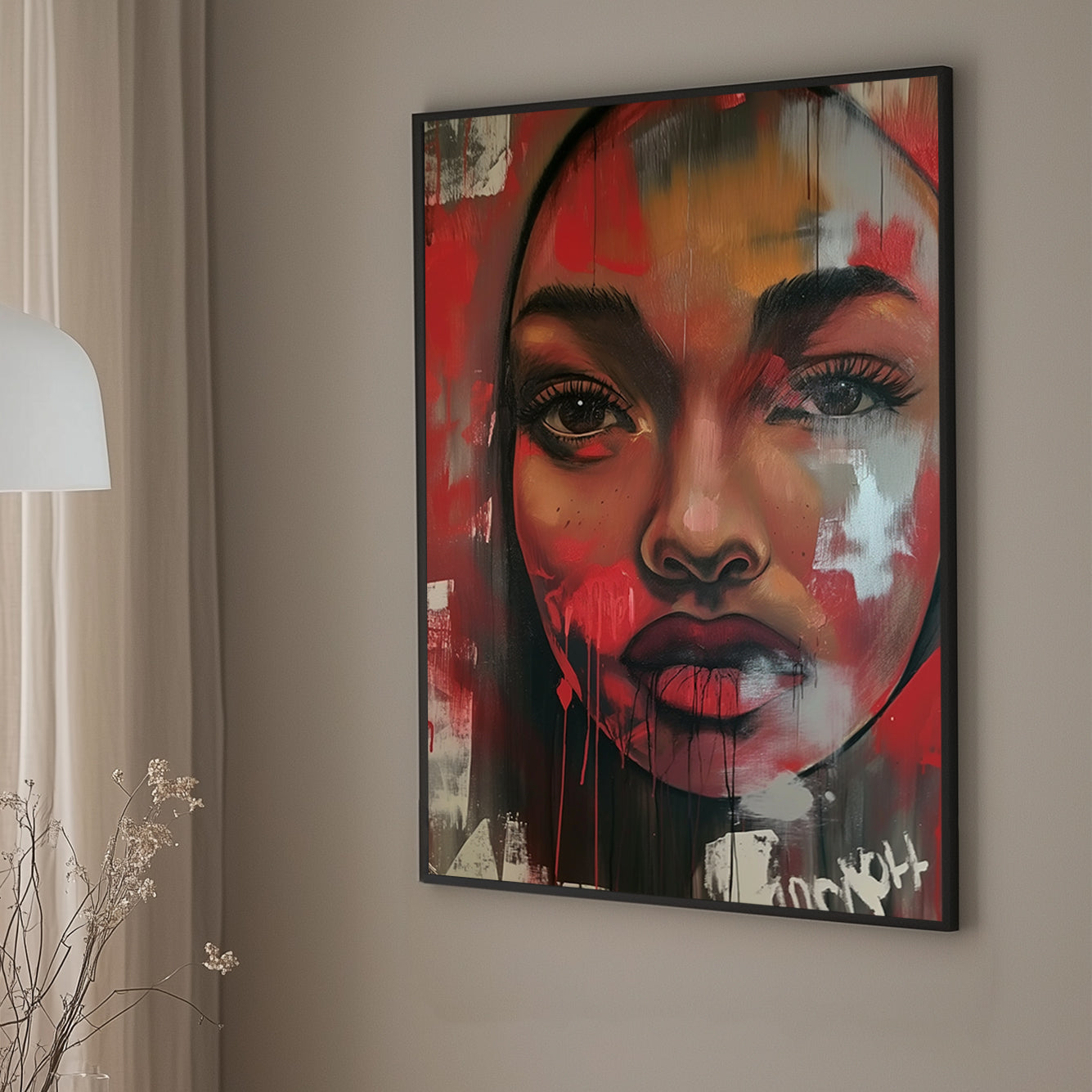 Powerful portrait of a woman with intense eyes and red hues, overlaid with the word “FEAR”, creating a striking visual impact in any room.