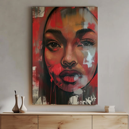 Powerful portrait of a woman with intense eyes and red hues, overlaid with the word “FEAR”, creating a striking visual impact in any room.