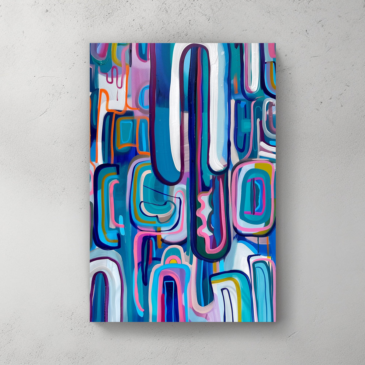Abstract wall art print with a complex arrangement of colorful, interlocking shapes and dynamic lines, ideal for adding vibrancy and movement to any contemporary space.