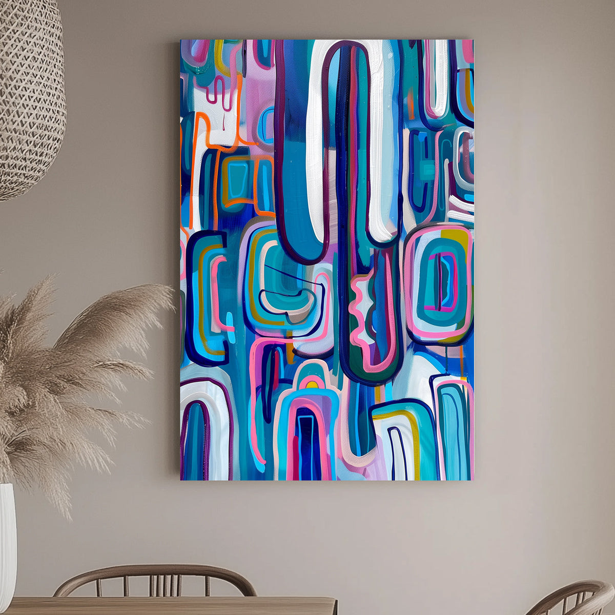 Abstract wall art print with a complex arrangement of colorful, interlocking shapes and dynamic lines, ideal for adding vibrancy and movement to any contemporary space.