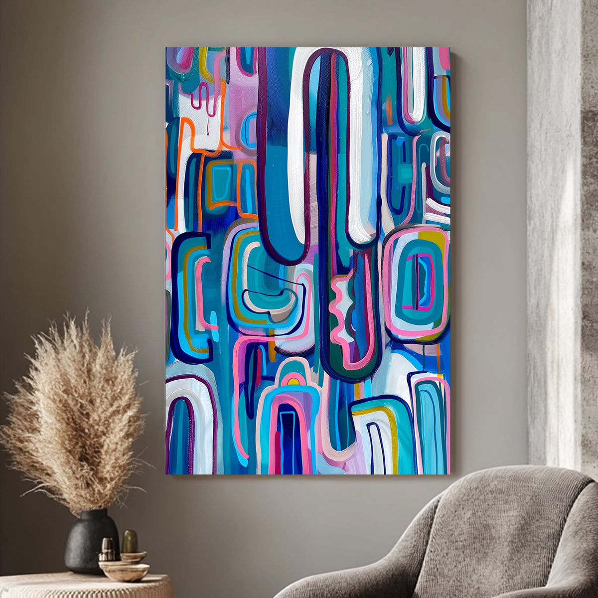 Abstract wall art print with a complex arrangement of colorful, interlocking shapes and dynamic lines, ideal for adding vibrancy and movement to any contemporary space.