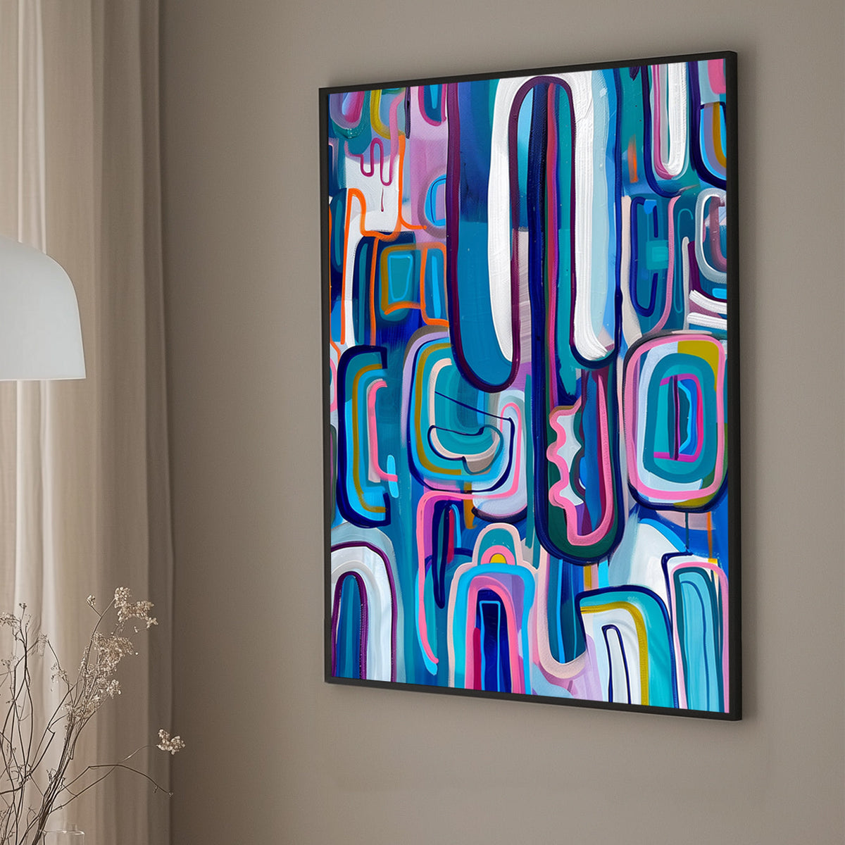 Abstract wall art print with a complex arrangement of colorful, interlocking shapes and dynamic lines, ideal for adding vibrancy and movement to any contemporary space.