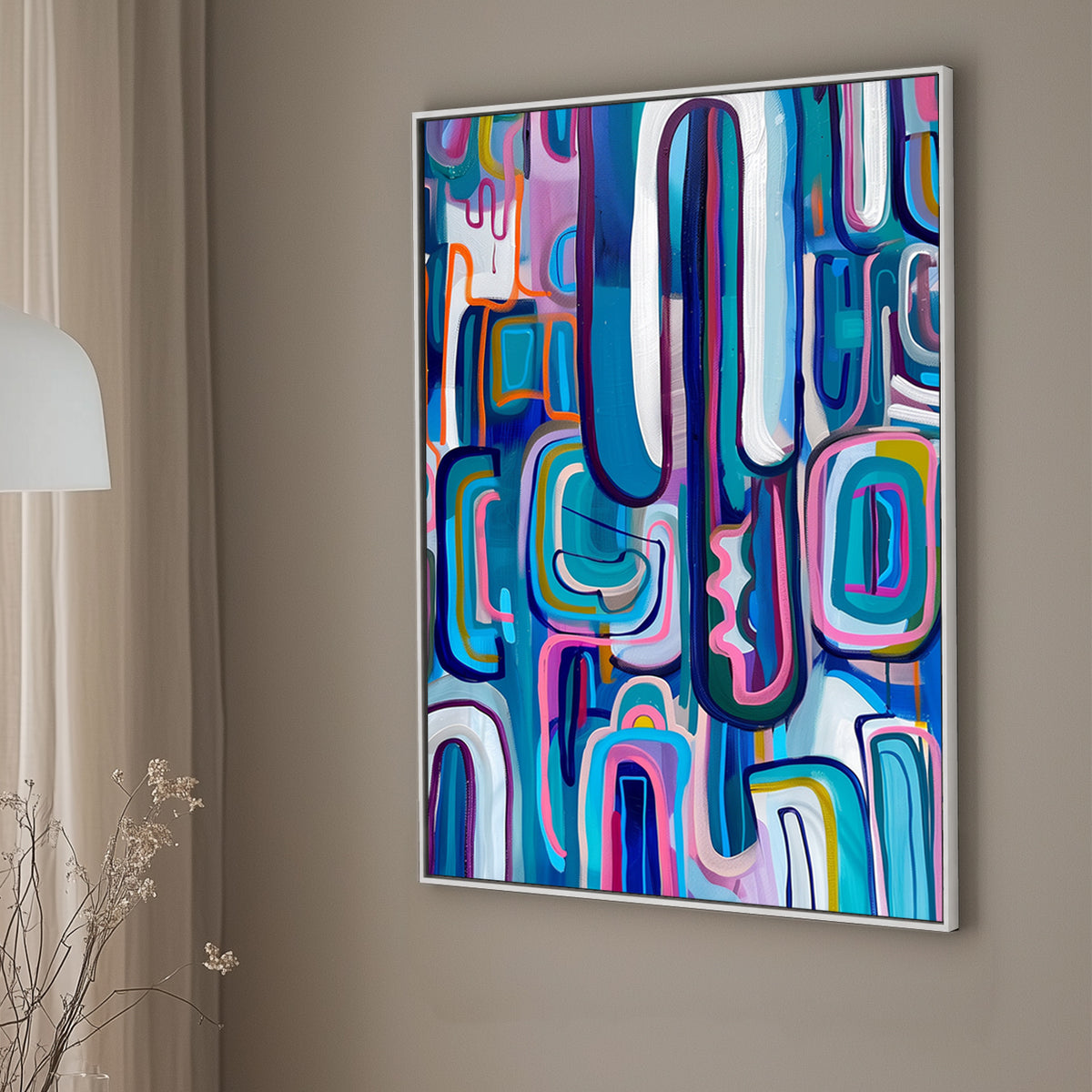 Abstract wall art print with a complex arrangement of colorful, interlocking shapes and dynamic lines, ideal for adding vibrancy and movement to any contemporary space.