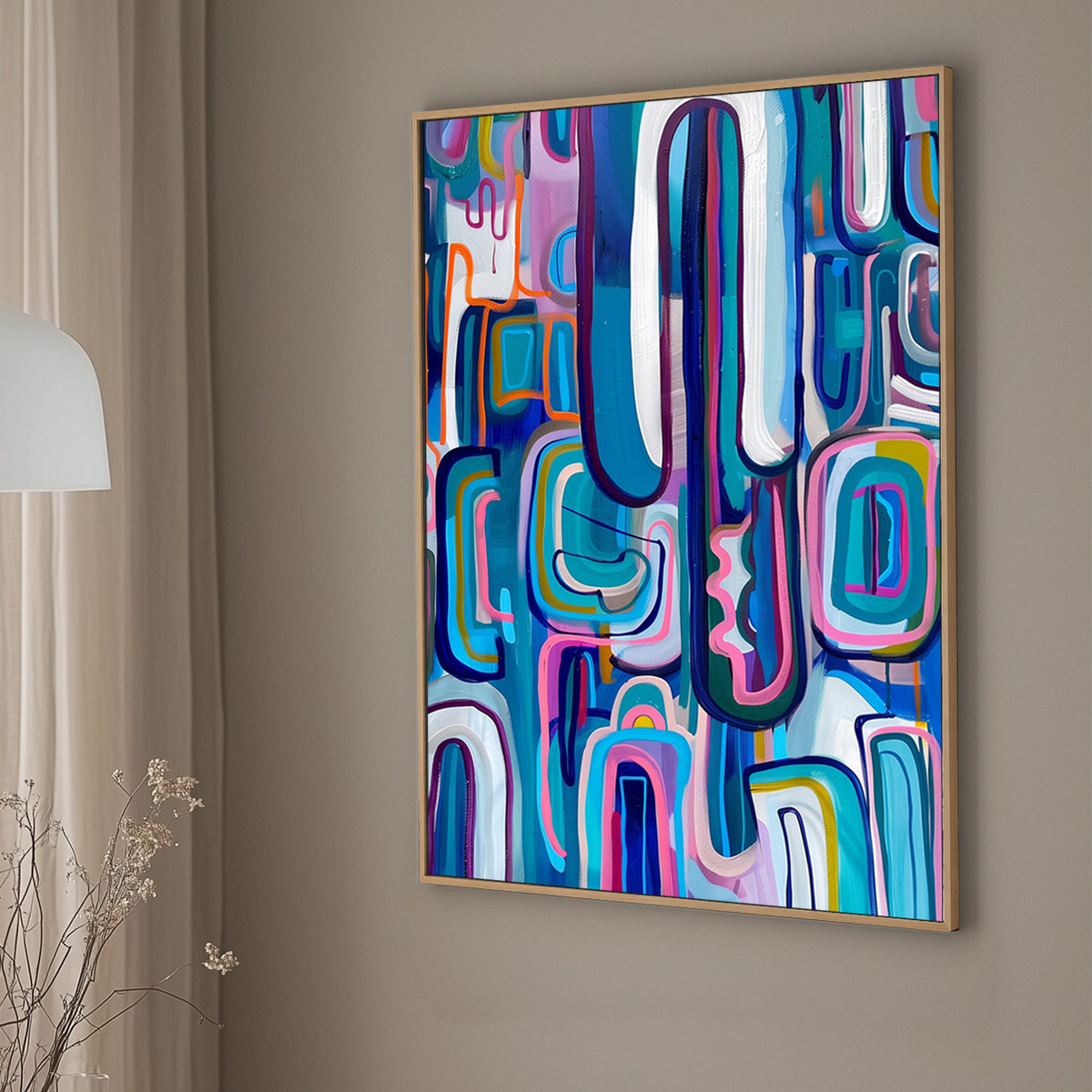 Abstract wall art print with a complex arrangement of colorful, interlocking shapes and dynamic lines, ideal for adding vibrancy and movement to any contemporary space.