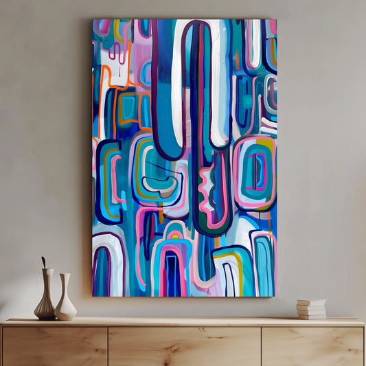 Abstract wall art print with a complex arrangement of colorful, interlocking shapes and dynamic lines, ideal for adding vibrancy and movement to any contemporary space.