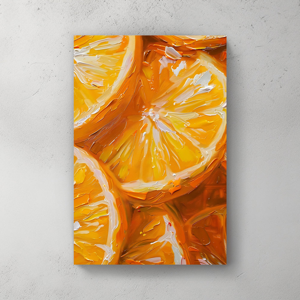 Close-up wall art print of vivid citrus slices in orange and yellow, depicted with dynamic brush strokes that enhance the fresh, zesty feel, ideal for lively kitchen decor.