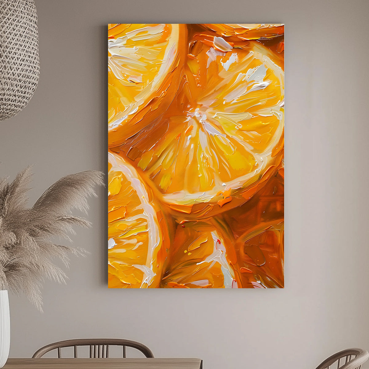 Close-up wall art print of vivid citrus slices in orange and yellow, depicted with dynamic brush strokes that enhance the fresh, zesty feel, ideal for lively kitchen decor.