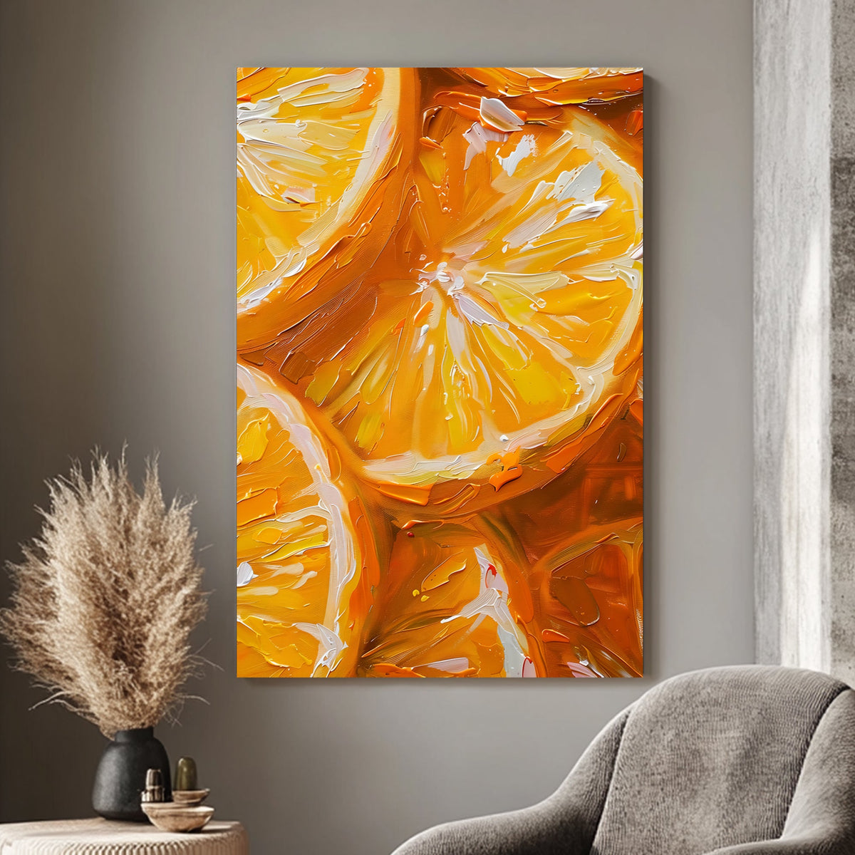 Close-up wall art print of vivid citrus slices in orange and yellow, depicted with dynamic brush strokes that enhance the fresh, zesty feel, ideal for lively kitchen decor.