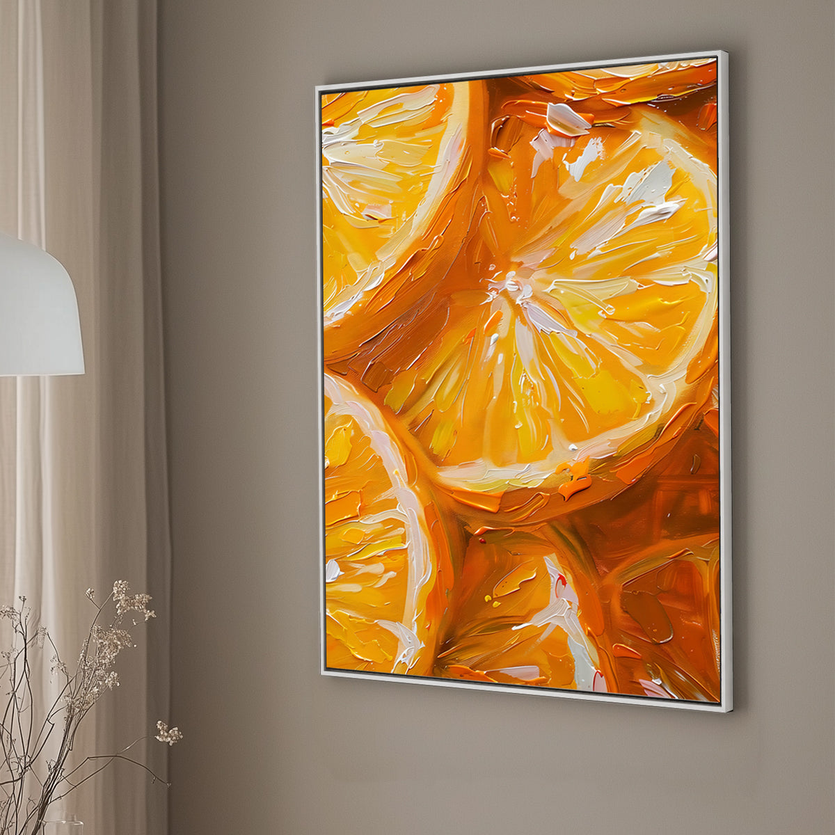 Close-up wall art print of vivid citrus slices in orange and yellow, depicted with dynamic brush strokes that enhance the fresh, zesty feel, ideal for lively kitchen decor.
