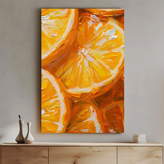 Close-up wall art print of vivid citrus slices in orange and yellow, depicted with dynamic brush strokes that enhance the fresh, zesty feel, ideal for lively kitchen decor.