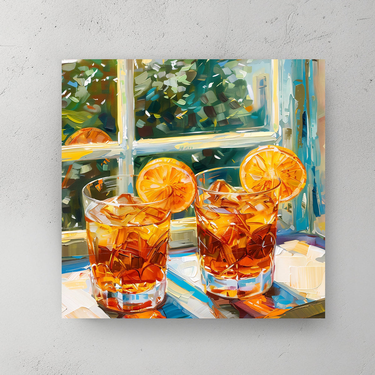 wall art print of two glasses of iced tea with orange slices, set against a garden view through a window, capturing the essence of summer refreshment and relaxation.