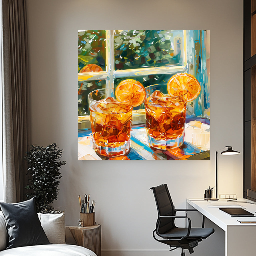 wall art print of two glasses of iced tea with orange slices, set against a garden view through a window, capturing the essence of summer refreshment and relaxation.