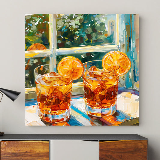 wall art print of two glasses of iced tea with orange slices, set against a garden view through a window, capturing the essence of summer refreshment and relaxation.