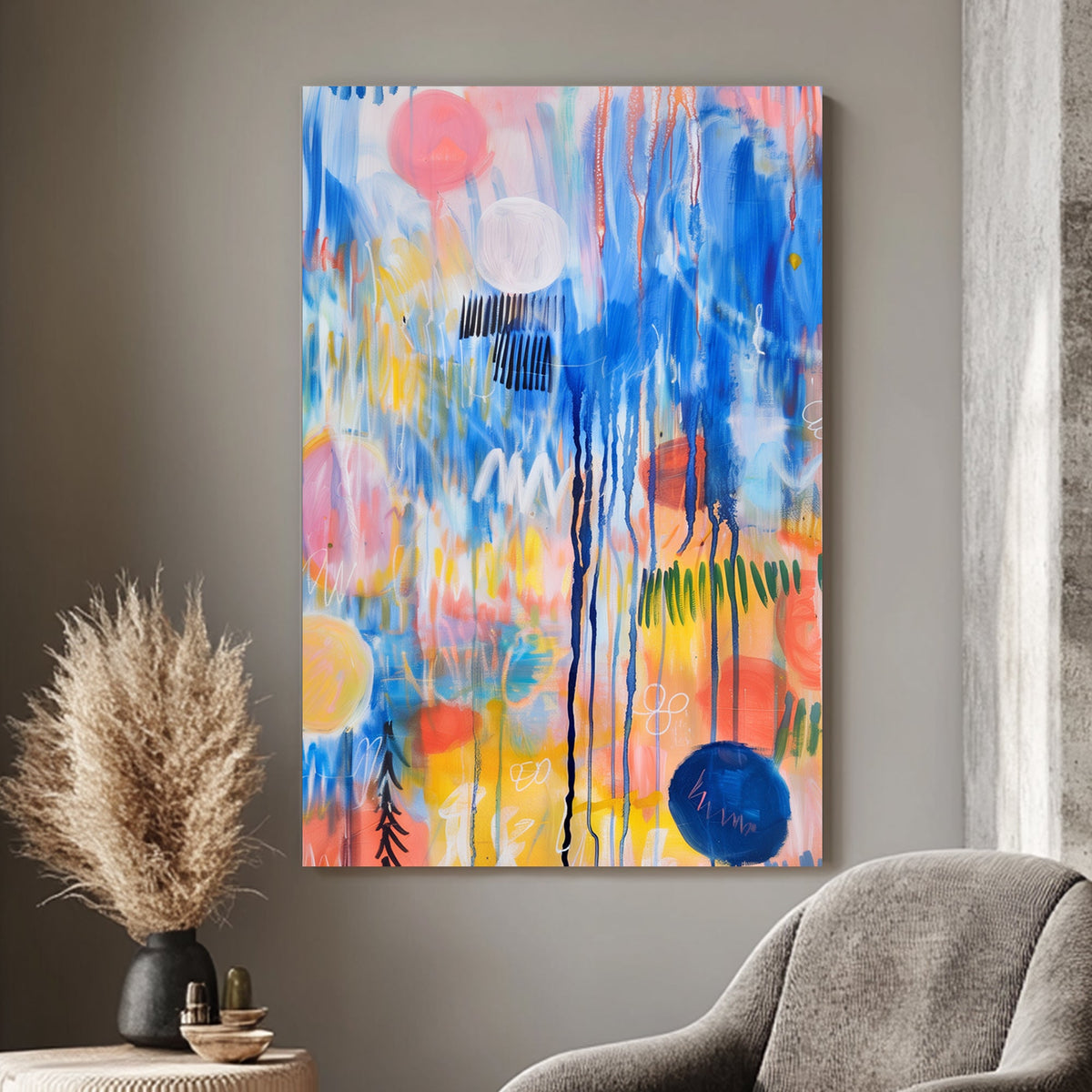 Abstract expressionist wall art print featuring a riot of colors with dynamic strokes and splatters, evoking the feeling of a musical symphony in visual form.