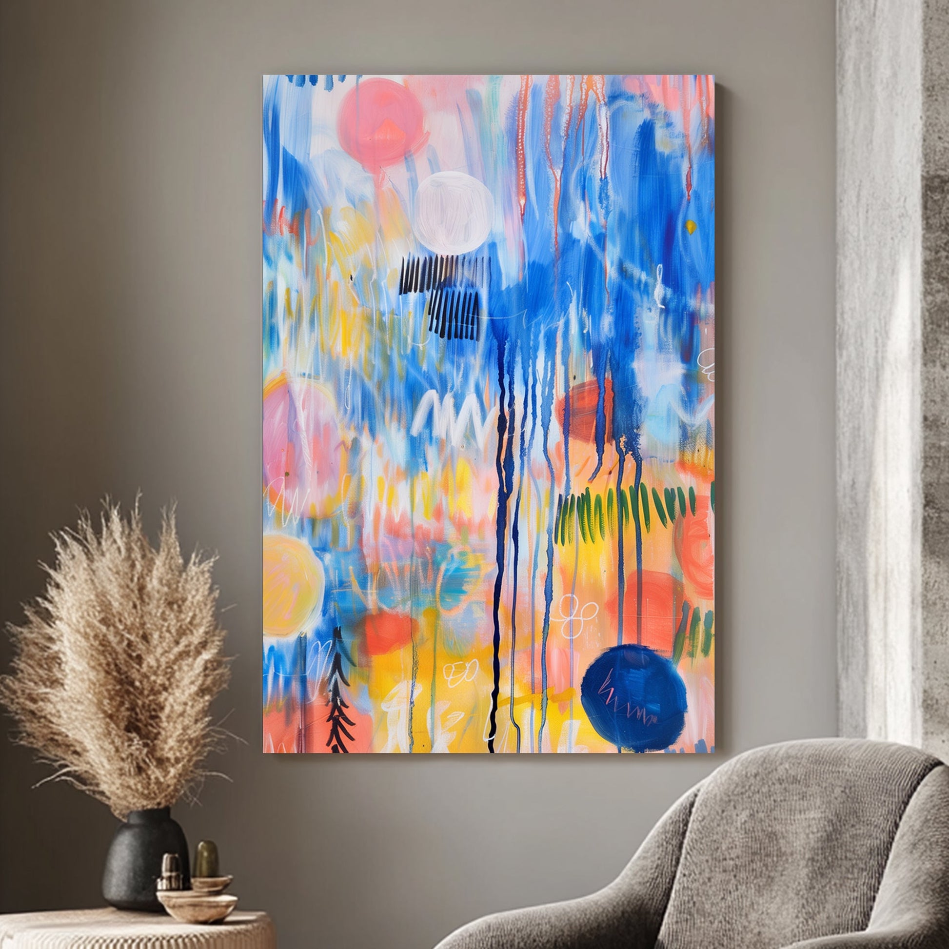 Abstract expressionist wall art print featuring a riot of colors with dynamic strokes and splatters, evoking the feeling of a musical symphony in visual form.
