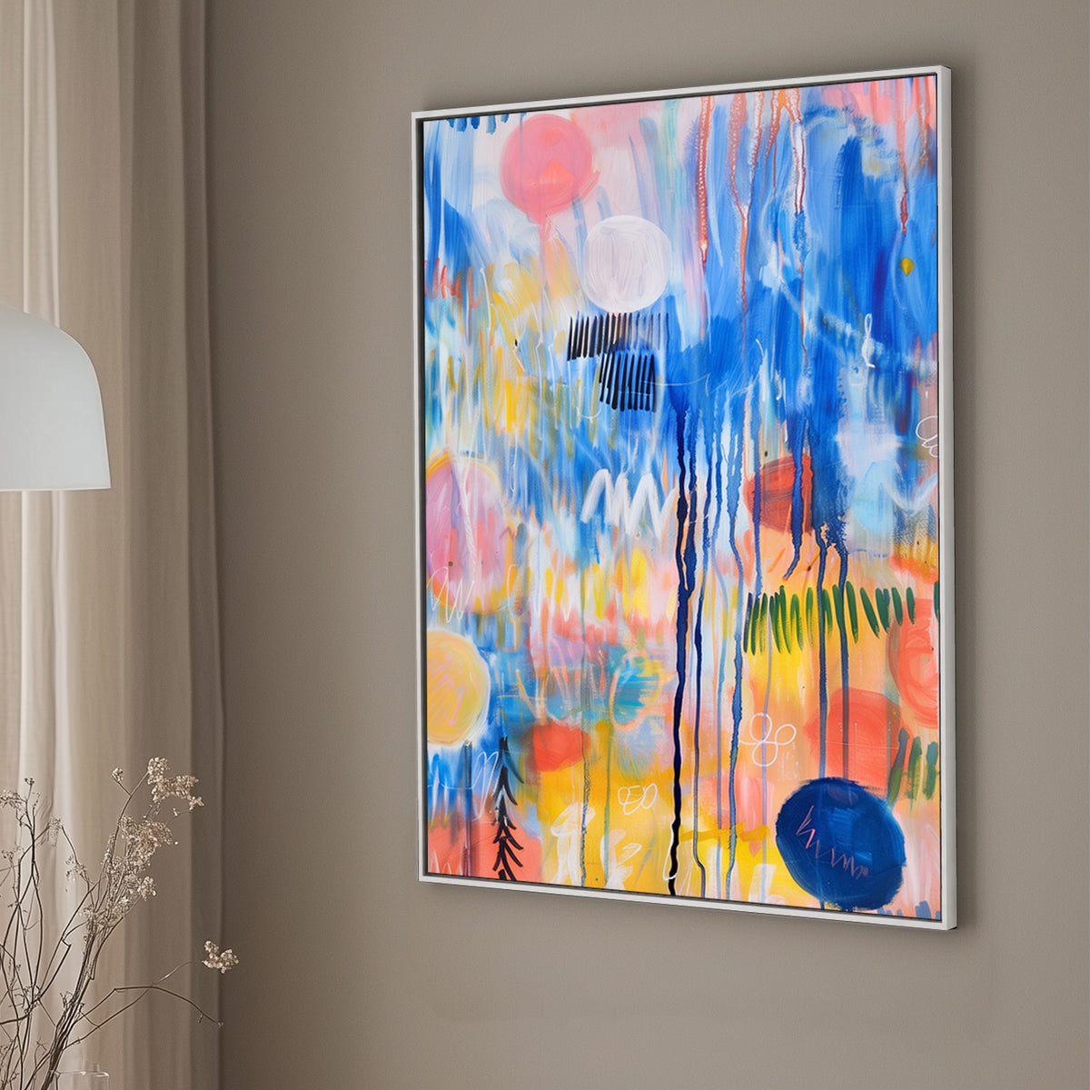 Abstract expressionist wall art print featuring a riot of colors with dynamic strokes and splatters, evoking the feeling of a musical symphony in visual form.