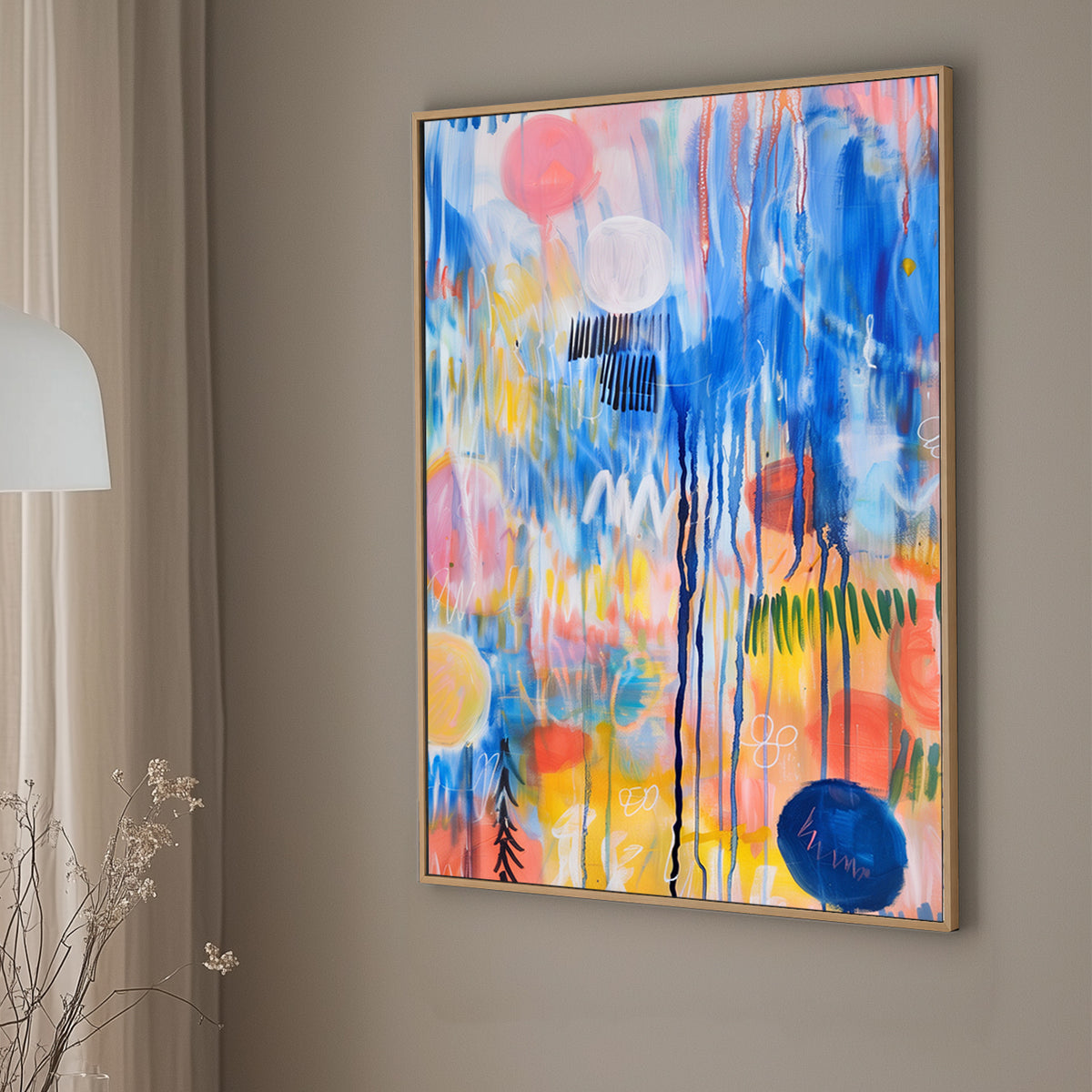 Abstract expressionist wall art print featuring a riot of colors with dynamic strokes and splatters, evoking the feeling of a musical symphony in visual form.
