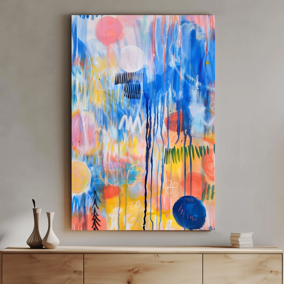 Abstract expressionist wall art print featuring a riot of colors with dynamic strokes and splatters, evoking the feeling of a musical symphony in visual form.