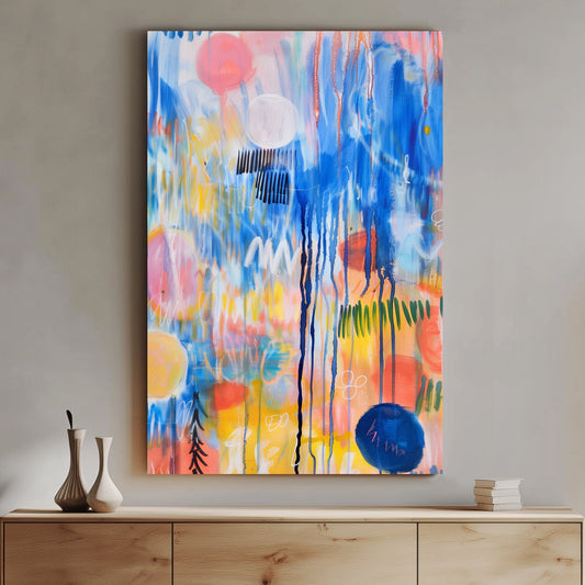 Abstract expressionist wall art print featuring a riot of colors with dynamic strokes and splatters, evoking the feeling of a musical symphony in visual form.