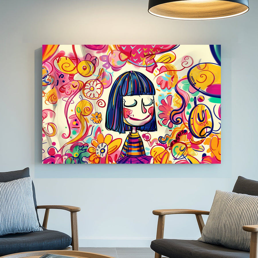 Colorful, cartoon-style wall art print of a smiling girl with vibrant swirls and floral patterns in a playful, abstract design, ideal for brightening up children’s spaces or creative areas.
