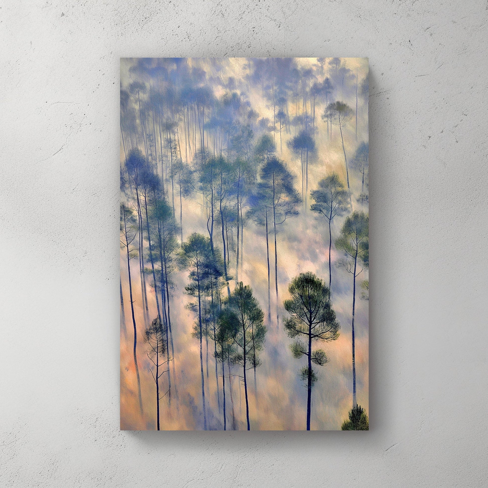 Artistic rendition of a misty forest with tall trees and a soft, pastel-colored fog blending cool blues and warm golden hues, ideal for creating a tranquil atmosphere in any room.