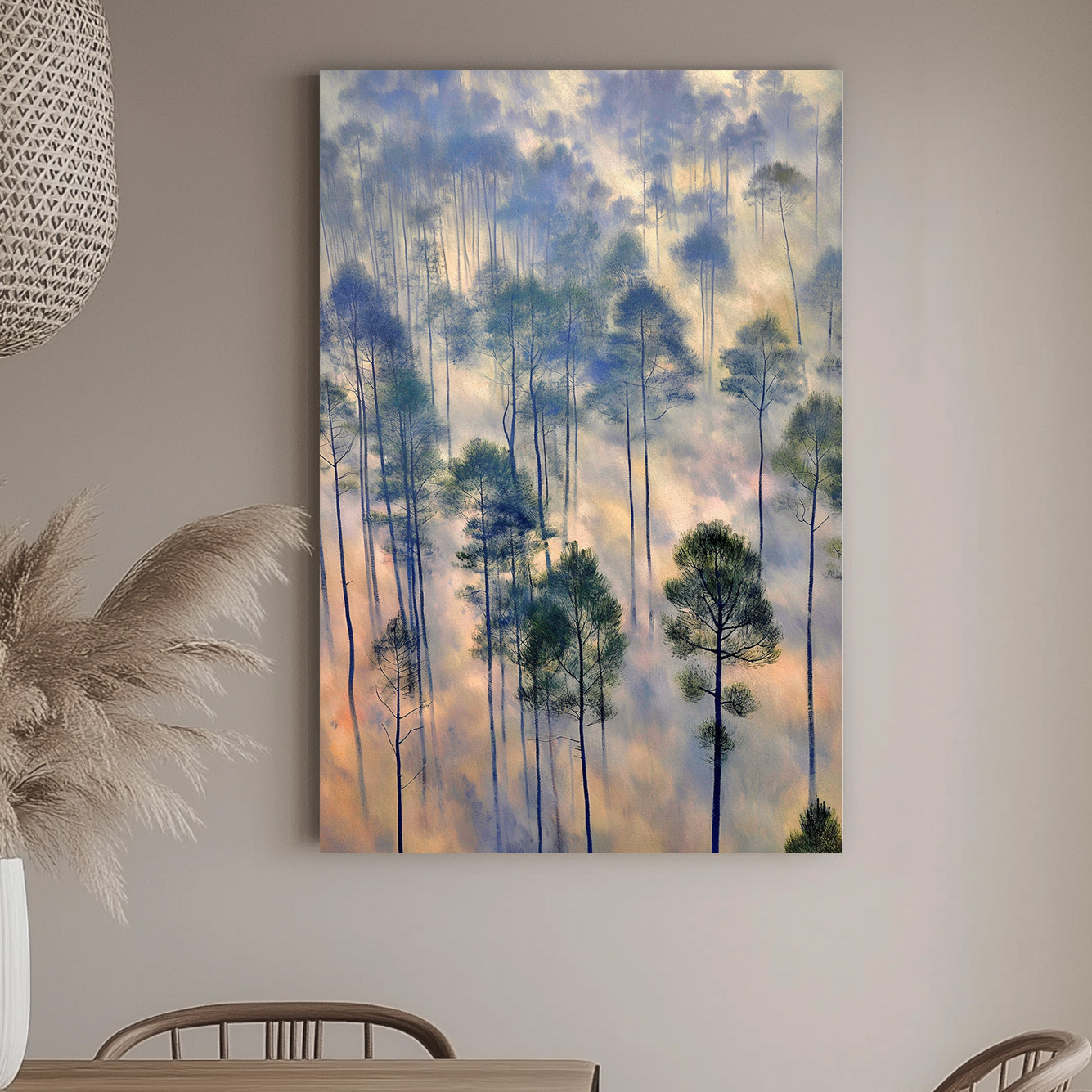 Artistic rendition of a misty forest with tall trees and a soft, pastel-colored fog blending cool blues and warm golden hues, ideal for creating a tranquil atmosphere in any room.