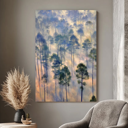 Artistic rendition of a misty forest with tall trees and a soft, pastel-colored fog blending cool blues and warm golden hues, ideal for creating a tranquil atmosphere in any room.